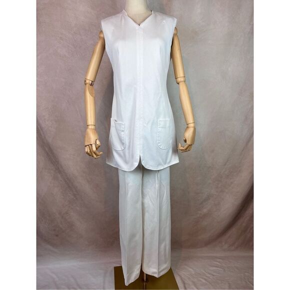 Vintage 1960s 70s Pantsuit White 2 Piece Set Polyester MCM Mod - Picture 1 of 6